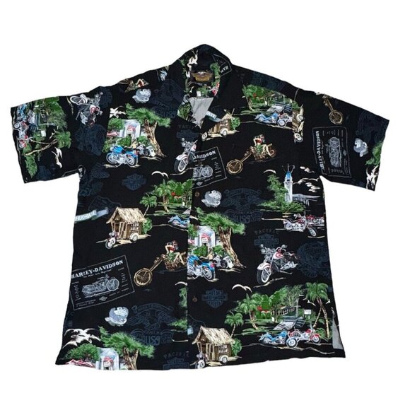 Harley Davidson Tori Richard Shirt Extra‎ Large Hawaiian Black AOP Camp Viscose - Picture 1 of 13